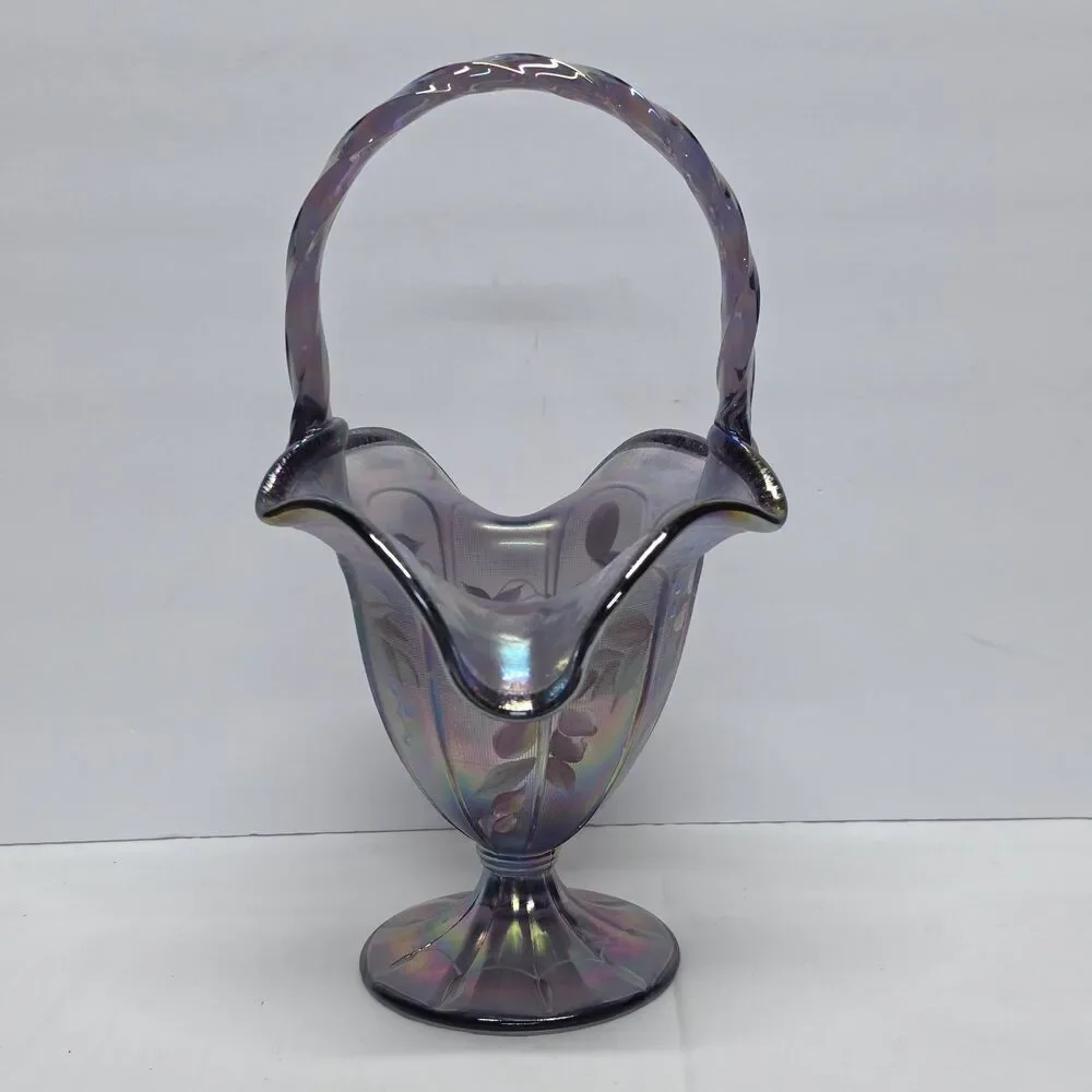 Fenton Art Glass 1998 Paneled Lilac Wisteria Stretch Basket 11